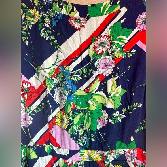 Maeve Anthropologie Spirited Navy Floral Stripe Print Faux Wrap Midi Dress 16 - Picture 10 of 13